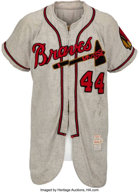 1954 Hank Aaron Game Worn & Signed Milwaukee Braves Rookie Jersey, MEARS A8.5, Photo Matched